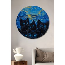 Teona Ahşap Yıldızlı Gecede Mavi Gözlü Kediler Ahşap Mdf Dekoratif Tablo Yuvarlak Tablo