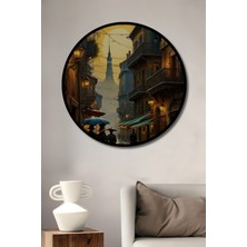 Teona Ahşap Çerçeve Görünümlü Paris Sokaklarında Romantik Akşamüstü Ahşap Mdf Dekoratif Tablo Yuvarlak Tablo