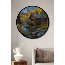 Teona Ahşap Çerçeve Görünümlü Dağ Evinde Sonbahar Manzarası Ahşap Mdf Dekoratif Tablo Yuvarlak Tablo