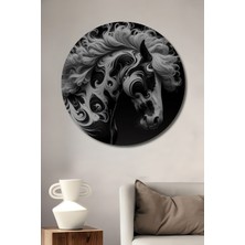 Teona Ahşap Desenli Siyah Beyaz At Ahşap Mdf Dekoratif Ev/işyeri Duvar Tablo Yuvarlak Ev/işyeri Duvar Tablo