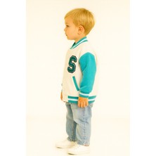 Unisex Harf Aplikeli Kontrast Çizgi Detaylı Kolej Bomber Çocuk Ceket Krem