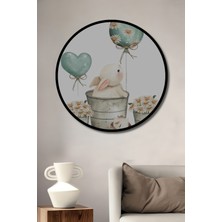 Teona Ahşap Dekoratif Ahşap Yuvarlak Çerçeve Görünümlü Tablo Tavşan ve Çiçekler