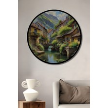 Teona Ahşap Çerçeve Görünümlü Masalsı Köy Manzarası Dekoratif Ahşap Mdf Ev Duvar Tablo Yuvarlak Ev Duvar Tablo