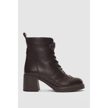 Selin Shoes Solenne Hakiki Deri Bağcıklı ve Yandan Fermuarlı Kadın Bot- Kahverengi