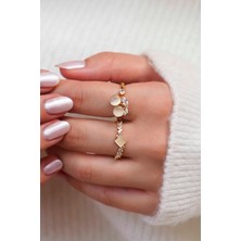 Trend Collection & Geometrik Zirkon Taşlı Altın Kaplama Ikili Kadın Yüzük Seti