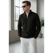 elemge Pamuklu Erkek Sweatshirt Siyah Soft Touch Relax Fit Yarım Fermuarlı Dik Yaka 3 Iplik Nefes Alan