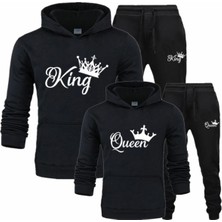 Amor Man Büyük Beden Özel Tasarım King & Queen Baskılı Kapüşonlu Kışlık Sevgili Kombini  Eşofman Takımı.1 Adet Fiyatıdır
