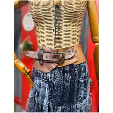 Yılday Gür Butik Clementine Deri Kemer | Çift Ton Hakiki Deri El Yapımı Bohem Bel Kemer