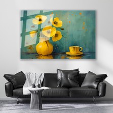 Artarilion Cam Yatay Duvar Tablosu Cam Sari Cicekve Fincan Ev Ofis Salon Modern Duvar Tablosu