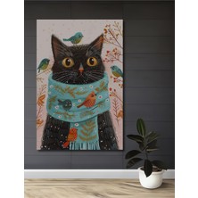 Teona Ahşap Kuşlarla Çevrili Şirin Kedi Dekoratif Ahşap Mdf Tablo Dikdörtgen Tablo