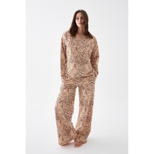 Moda Serdem Modaserdem  Kadın Oversize Bej Leopar Desenli Pamuklu Kalın Pijama Takımı