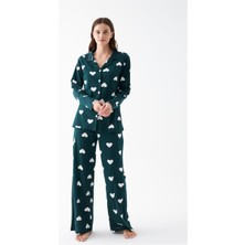 Moda Serdem Modaserdem  Kadın Zümrüt Yeşili Kalp Desenli Düğmeli Pamuklu Pijama Takımı