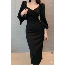 Tua Moda Kadın Uzun Kollu Kalp Yakalı Midi Ithal Krep Elbise