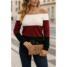 Equri Kadın Uzun Kollu Omuzlardan Açık Uzun Kollu Blok Çizgili Triko Bluz