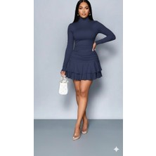 Aknbutik Kadın Uzun Kollu Balıkçı Yaka Mini Fırfırlı Sandy Elbise