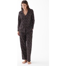 Modaserdem  Kadın Siyah Düğmeli Kalp Desenli Pamuklu Pijama Takımı
