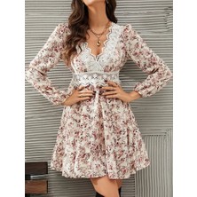 Nidam Butik Kadın Uzun Kollu Dantel V Yakalı Mini Desenli Süprem Elbise