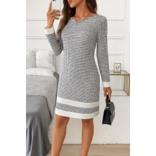 Arben Boutique Kadın Uzun Kollu Yuvarlak Yaka Etek Ucu Şerit Detaylı Mini Dokuma Elbise