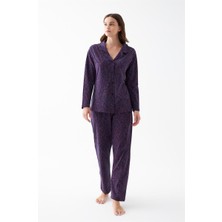 Moda Serdem Modaserdem  Kadın Lacivert Düğmeli Yaka Detaylı Desenli Pamuklu Pijama Takımı