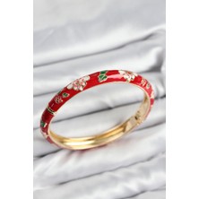 Evyora Mineli Pirinç Kırmızı Çiçek Motifli Gold Kadın Kelepçe