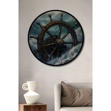 Teona Ahşap Çerçeve Görünümlü Fırtınada Gemi Dümeni Ahşap Mdf Dekoratif Ev Duvar Tablo Yuvarlak Ev Duvar Tablo