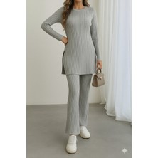 Mç Plus Kadın Uzun Kollu Yuvarlak Yaka Yandan Yırtmaç Detaylı Şardonlu Kaşkorse Bluz ve Pantolon Ikili Takım