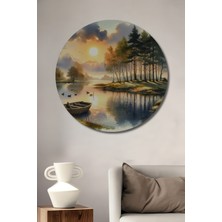 Teona Ahşap Gün Batımında Göldeki Huzur Ahşap Mdf Dekoratif Işyeri Duvar Tablo Yuvarlak Işyeri Duvar Tablo