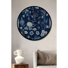 Teona Ahşap Çerçeve Görünümlü Mavi Floral Silüet Dekoratif Ahşap Mdf Ev Duvar Tablo Yuvarlak Ev Duvar Tablo