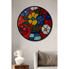 Teona Ahşap Çerçeve Görünümlü Renkli Çiçek Vazo Dekoratif Ahşap Mdf Ev Duvar Tablo Yuvarlak Ev Duvar Tablo