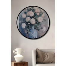 Teona Ahşap Çerçeve Görünümlü Beyaz Krizantemler Dekoratif Ahşap Mdf Ev Duvar Tablo Yuvarlak Ev Duvar Tablo