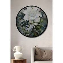 Teona Ahşap Çerçeve Görünümlü Beyaz Çiçekler Ahşap Mdf Dekoratif Ev Duvar Tablo Yuvarlak Ev Duvar Tablo