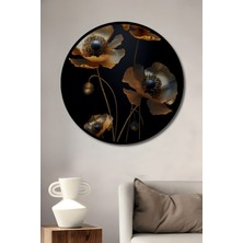 Teona Ahşap Çerçeve Görünümlü Altın Çiçekler Ahşap Mdf Dekoratif Ev Duvar Tablo Yuvarlak Ev Duvar Tablo