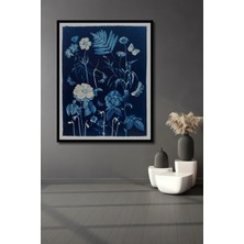 Teona Ahşap Çerçeve Görünümlü Mavi Çiçekler ve Kelebekler Dekoratif Ahşap Mdf Tablo Dikdörtgen Tablo