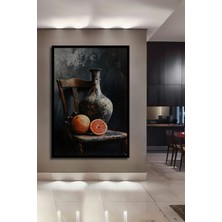 Teona Ahşap Çerçeve Görünümlü Antik Vazo ve Nar ile Natürmort Dekoratif Ahşap Mdf Dikdörtgen Ev Duvar Tablo