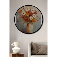 Teona Ahşap Çerçeve Görünümlü Kır Çiçekleri Vazoda Dekoratif Ahşap Mdf Ev Duvar Tablo Yuvarlak Ev Duvar Tablo