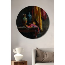 Teona Ahşap Renkli Vazo ve Kumaşlar Dekoratif Ahşap Mdf Ev/işyeri Duvar Tablo Yuvarlak Ev/işyeri Duvar Tablo