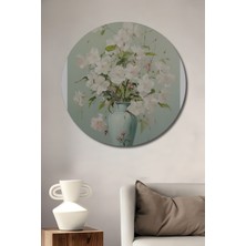 Teona Ahşap Beyaz Çiçeklerle Zarif Dekoratif Ahşap Mdf Ev/işyeri Duvar Tablo Yuvarlak Ev/işyeri Duvar Tablo