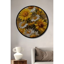 Teona Ahşap Çerçeve Görünümlü Sarı Papatya Buketi Dekoratif Ahşap Mdf Ev Duvar Tablo Yuvarlak Ev Duvar Tablo