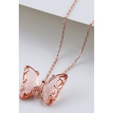 Famira 925 Ayar Gümüş Somon Cam Kelebek Kolye