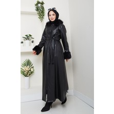 Kadın Kürk Detaylı Uzun Astarlı Siyah Kap