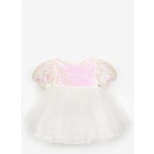 Le Mabelle Beyaz  Fiyonk Detaylı Pullu Kız Bebek Elbise - Amber