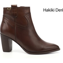 GÖNDERİ Kadın Kahve Antik  Fermuarlı Sivri Burun Hakiki Deri Bot