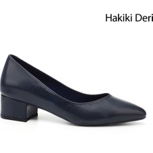 GÖNDERİ Kadın Lacivert  Kısa Kalın Topuklu Hakiki Deri Ayakkabı