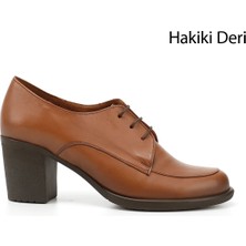 Gön Hakiki Deri Yuvarlak Burun Kalın Topuklu Kauçuk Taban Bağcıklı Kadın Ayakkabı 24071