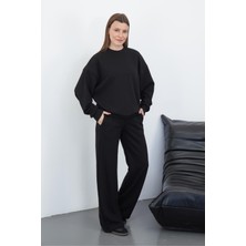 Penye Bizden Kadın Pamuk 3 Iplik Şardonsuz Oversize Sweatshirt & Geniş Paça Eşofman Altı Takım-Siyah