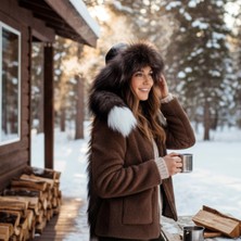 AbbasShop Gerçek Deri Kuyruklu Deri Börk Erkek Kadın Şapka Bere Koyukahve