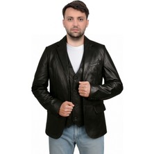 Derije Armada Hakiki Deri Punto Dikişli Erkek Siyah Blazer Ceket & Yelek