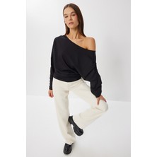 Happiness İstanbul Açık Omuzlu Örme Sweatshirt LEN0044 Siyah