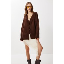 Happiness İstanbul Oversize Düz Örgü Triko Hırka LNF0027 Kahverengi