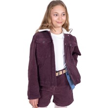 OZMOZ Fitilli Kadife Peluş Yaka Mor Kışlık Kız Çocuk Mont